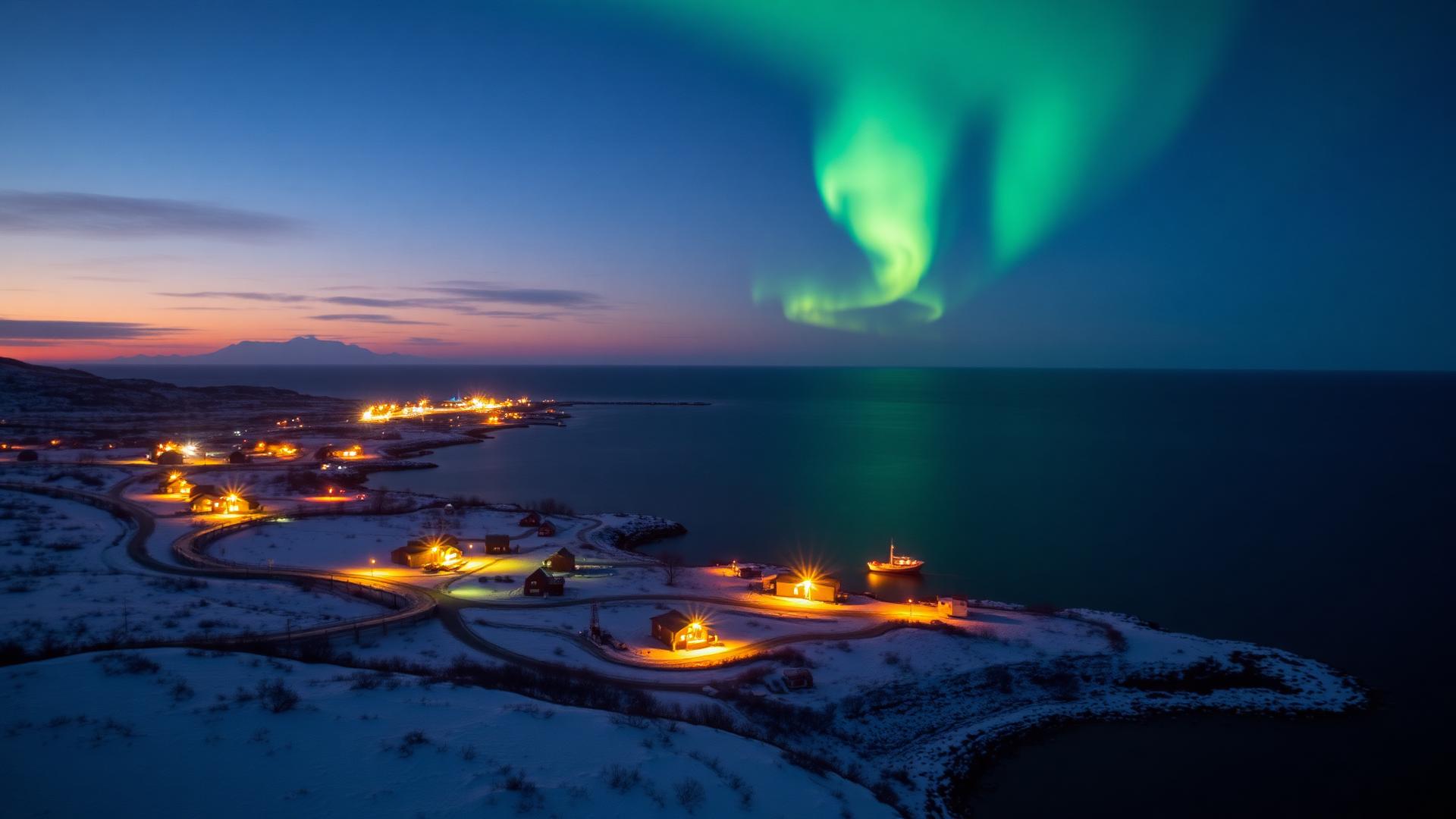 Aurora over an Alaskan coastal village at twilight